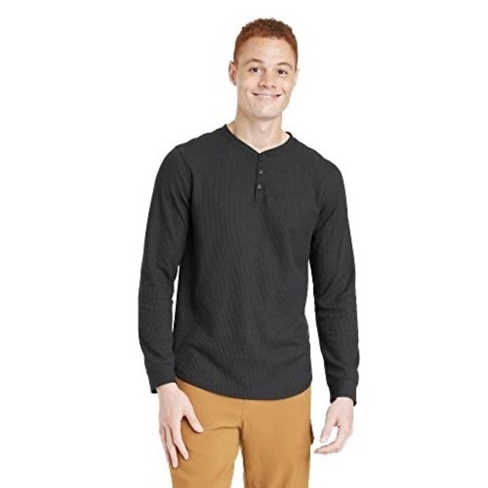 All in Motion Henley Top Mens M Waffle-Knit Long Sleeve Athletic Black NEW